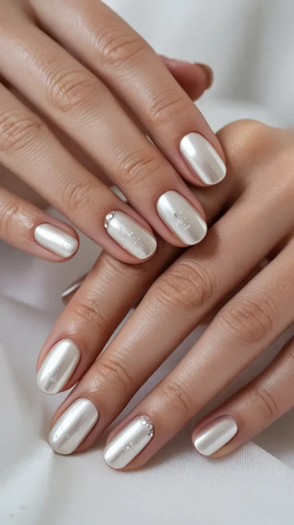 Pearl white winter sparkly nails with delicate silver shimmer and rhinestone accents, classy winter nail look for 2026