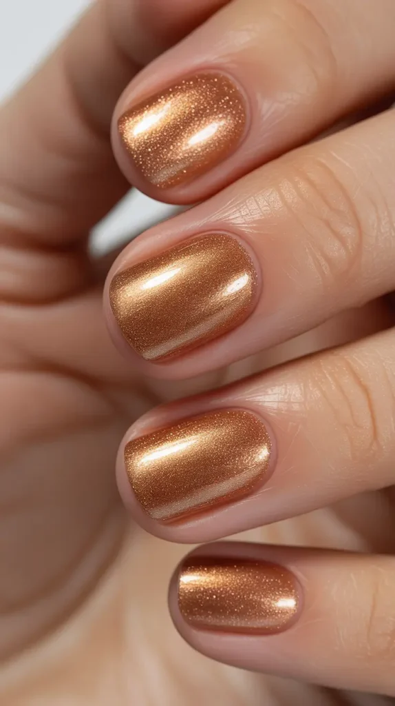 Metallic copper winter sparkly nails with frosted shimmer finish, warm and trendy winter nail design for 2026