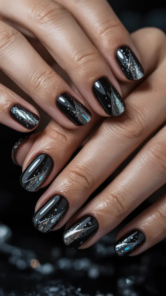 Black winter sparkly nails with silver holographic glitter creating a black ice effect, bold winter nail trend for 2026