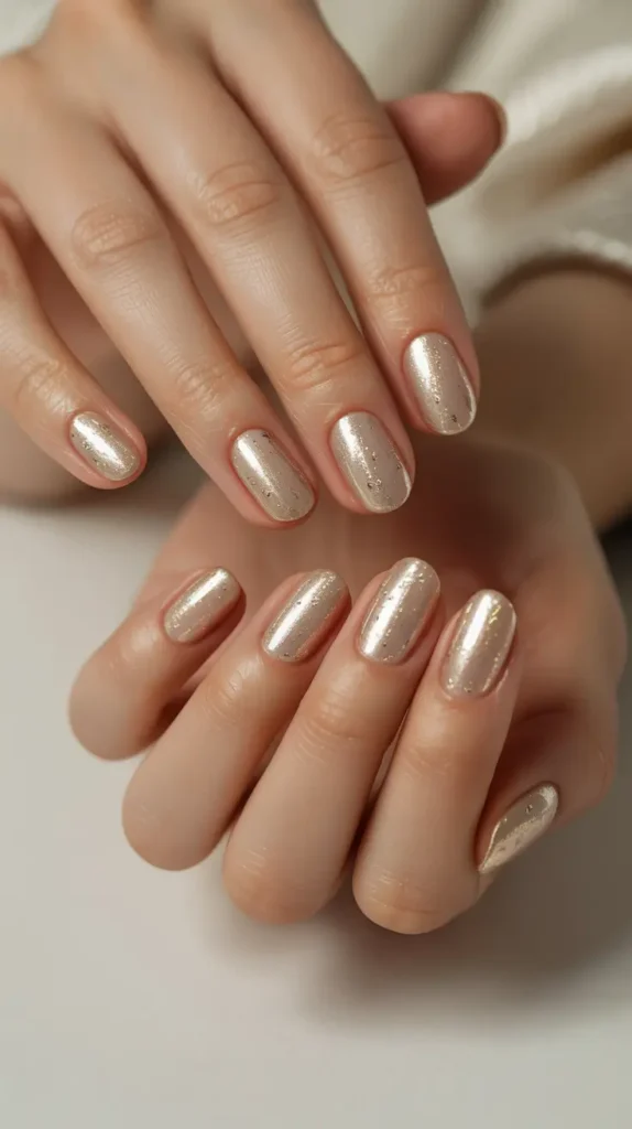 Champagne shimmer winter sparkly nails with subtle gold glitter, elegant neutral winter nail design for 2026