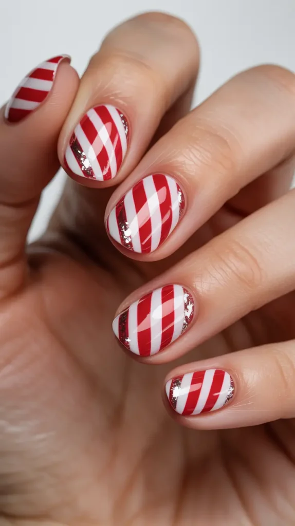 Red and white candy cane striped winter sparkly nails with silver glitter accents, festive holiday nail design for winter 2026