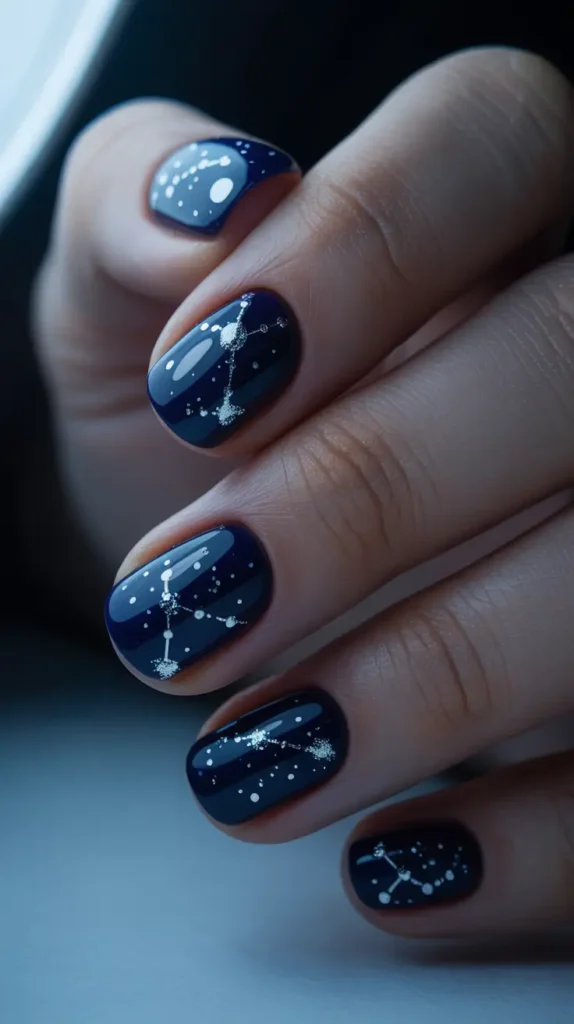 Midnight blue winter sparkly nails with galaxy-inspired silver glitter stars, celestial winter nail design trend for 2026