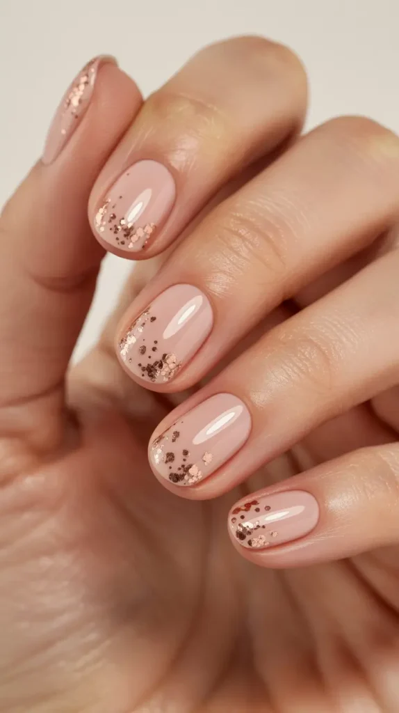 Soft nude winter nails with rose gold glitter snowfall effect, elegant and feminine winter sparkly nails for 2026