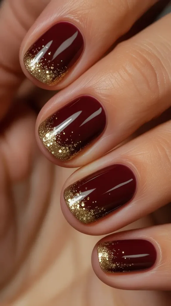 Deep burgundy winter nails with gold glitter tips, elegant and festive winter sparkly nail design for 2026