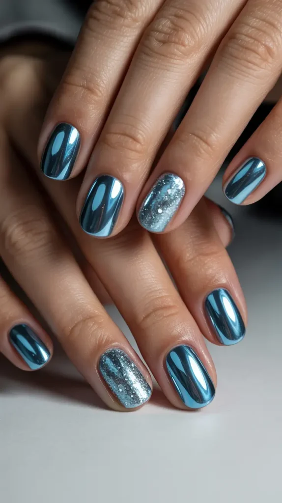 Champagne shimmer winter sparkly nails with subtle gold glitter, elegant neutral winter nail design for 2026