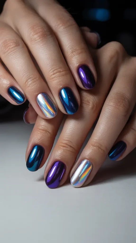 Multi-chrome winter sparkly nails shifting between blue, purple, and silver tones, bold winter nail trend for 2026