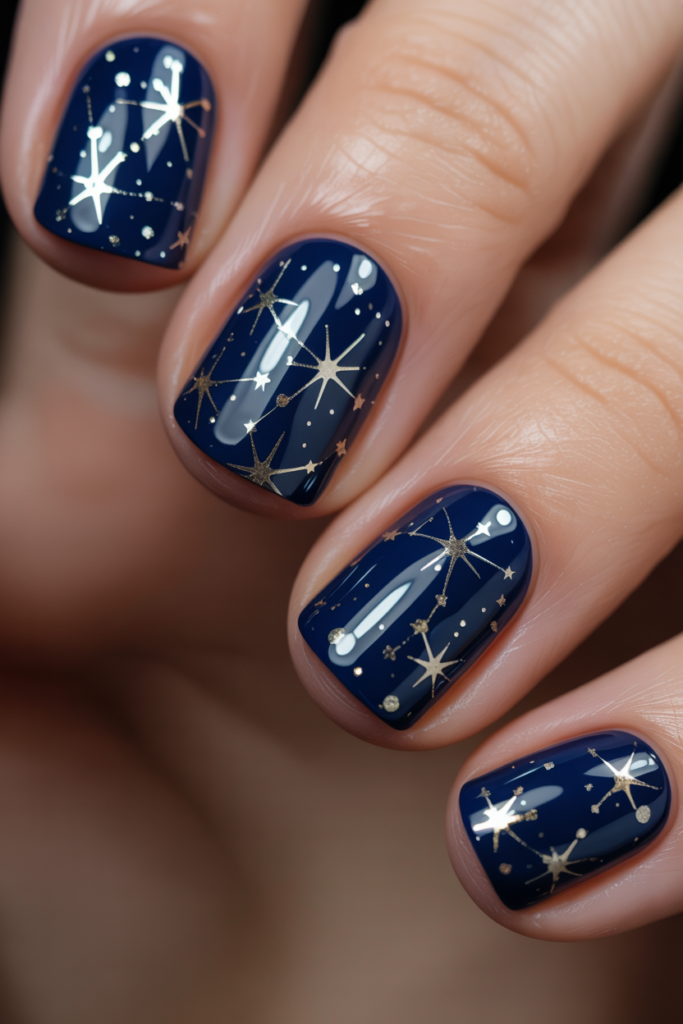 Midnight blue nails with gold star constellation design inspired by New Year’s Eve night sky