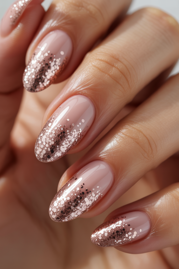 Soft pink nails with rose gold glitter ombre tips for elegant New Year’s Eve manicure