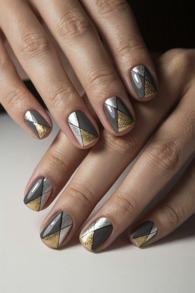 Geometric New Year’s Eve nails in gray, gold, and silver with modern metallic glitter design