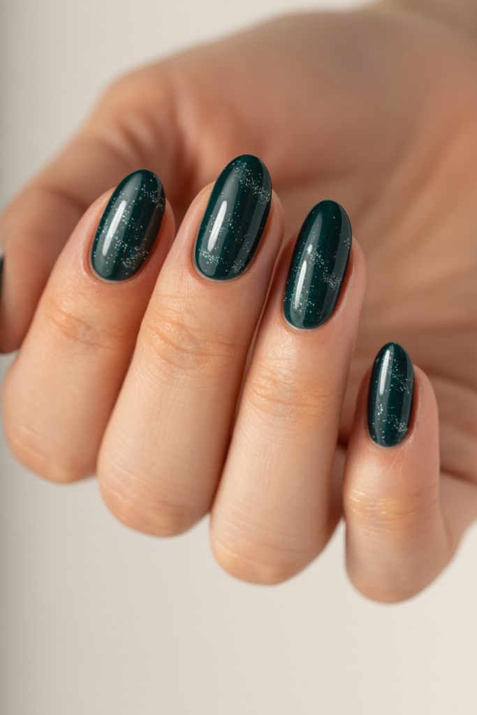 Dark green glossy nails with fine glitter sparkle for elegant New Year’s Eve manicure