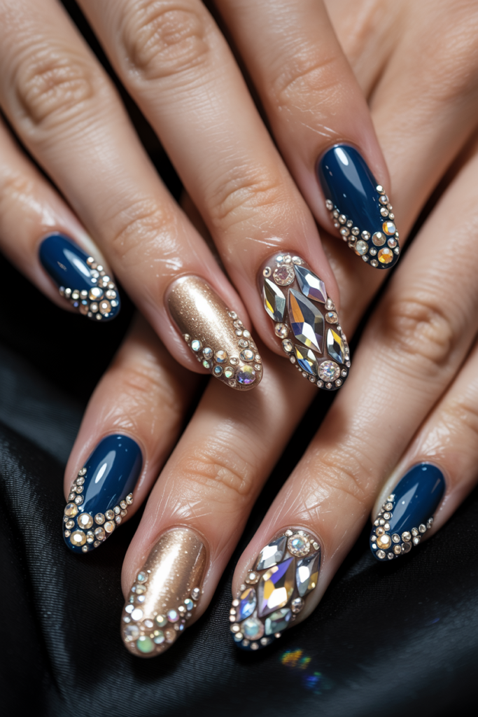 Navy blue and gold New Year’s Eve nails with rhinestone crystal accents and glossy almond shape