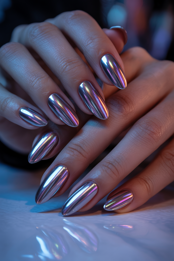 Chrome mirror New Year’s Eve nails with metallic silver shine and futuristic almond shape