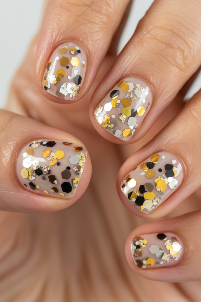 Confetti glitter New Year’s Eve nails with gold, black, and silver sparkle over nude base