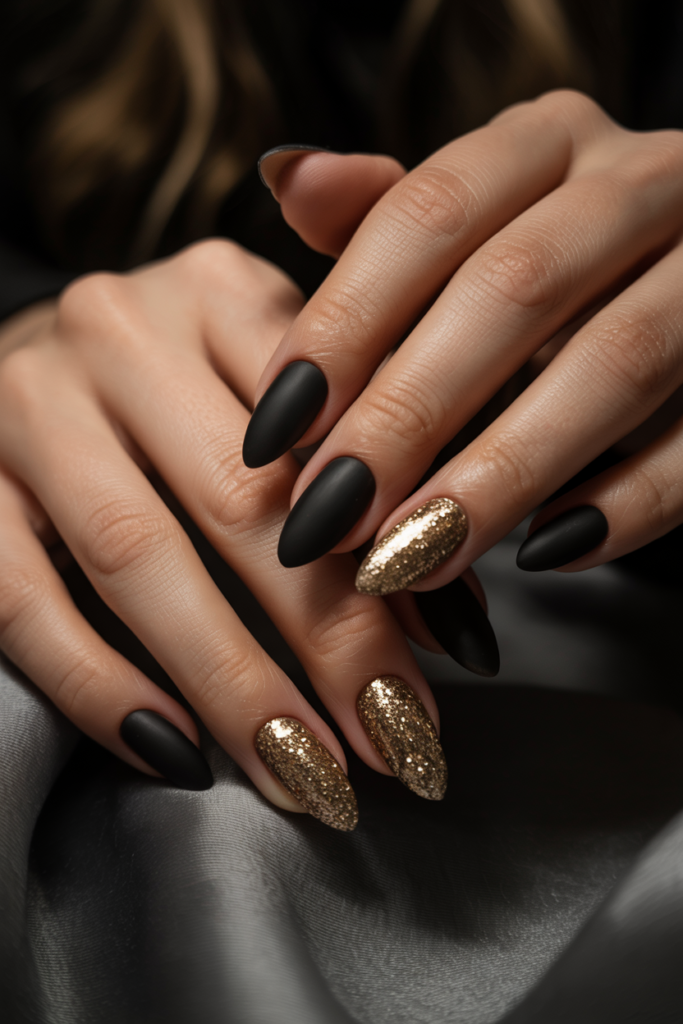 Matte black and gold New Year’s Eve nails with glitter accent nails and elegant almond shape