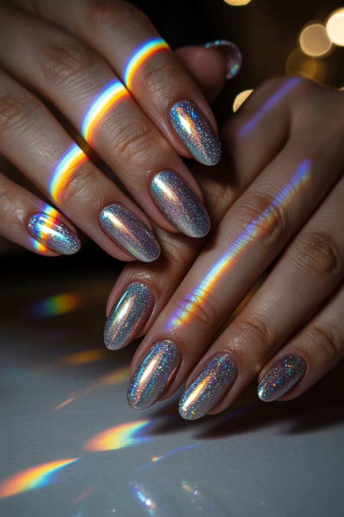 Holographic chrome New Year’s Eve nails with rainbow shimmer and futuristic sparkle effect