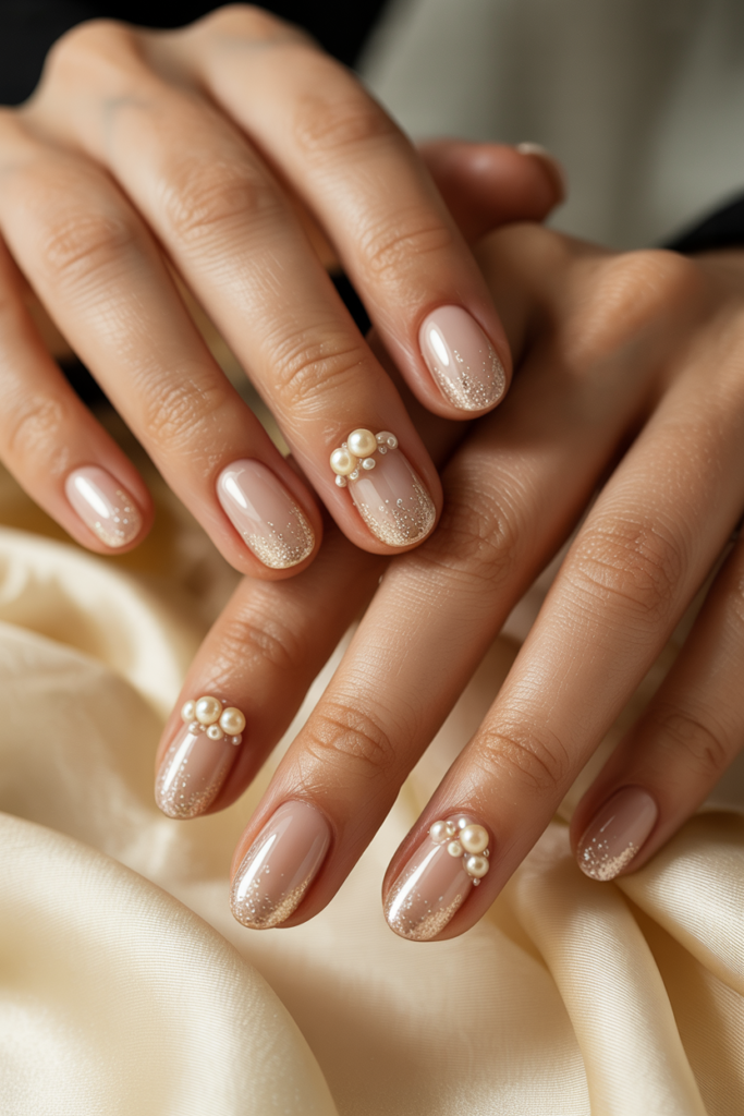 Nude New Year’s Eve nails with pearl embellishments and soft glitter for elegant celebration look