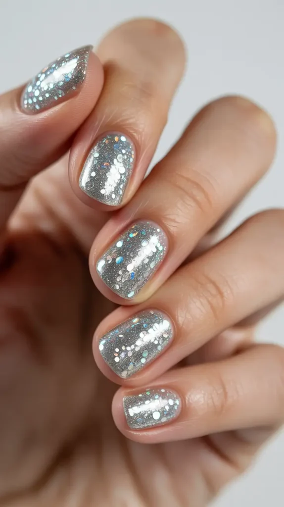 Icy silver winter sparkly nails with chunky glitter and snow-like shimmer, festive winter nail design for 2026