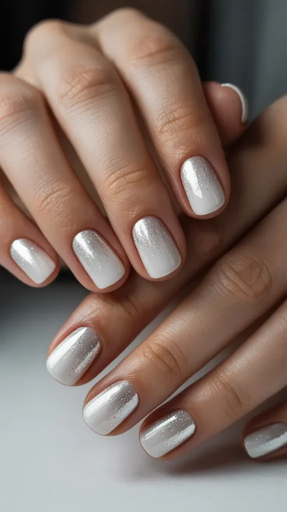Soft champagne pearl winter sparkly nails with glossy metallic finish, minimal and elegant winter nail style for 2026