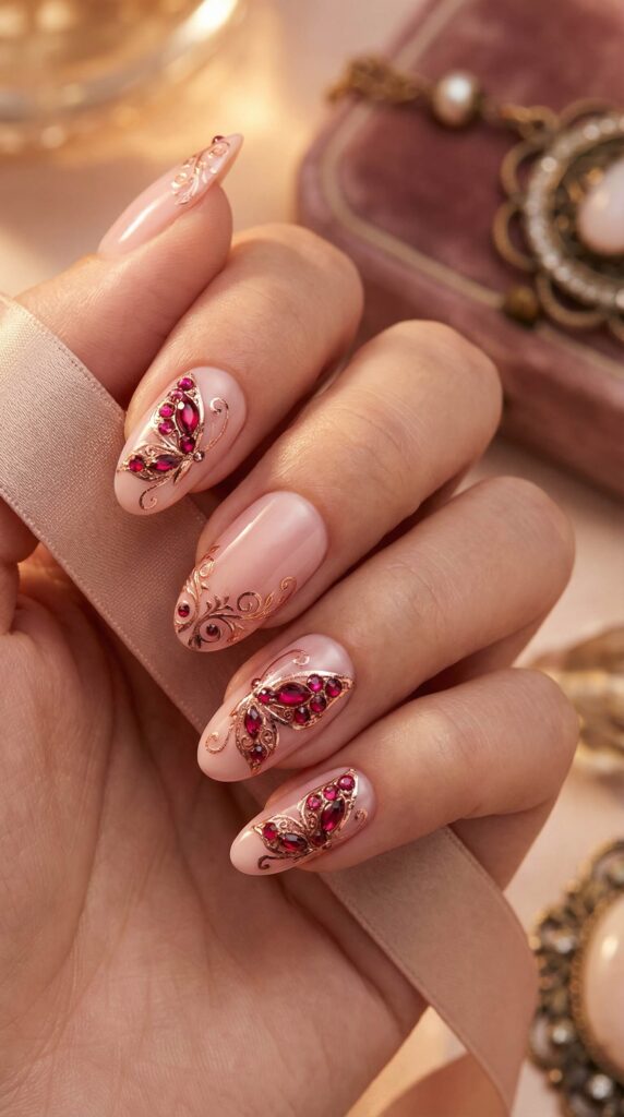 Luxurious nude nails with ruby jeweled butterfly nail art and gold filigree