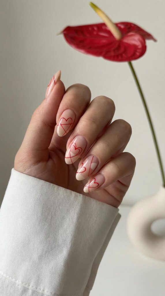 Minimalist red line art hearts on nude negative space nails
