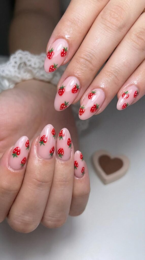 Cute strawberry nail art on sheer pink almond nails