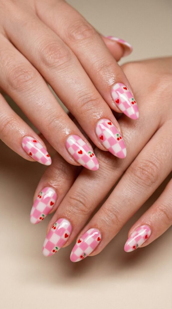 Pink and white checkered nails with cherry and heart accents