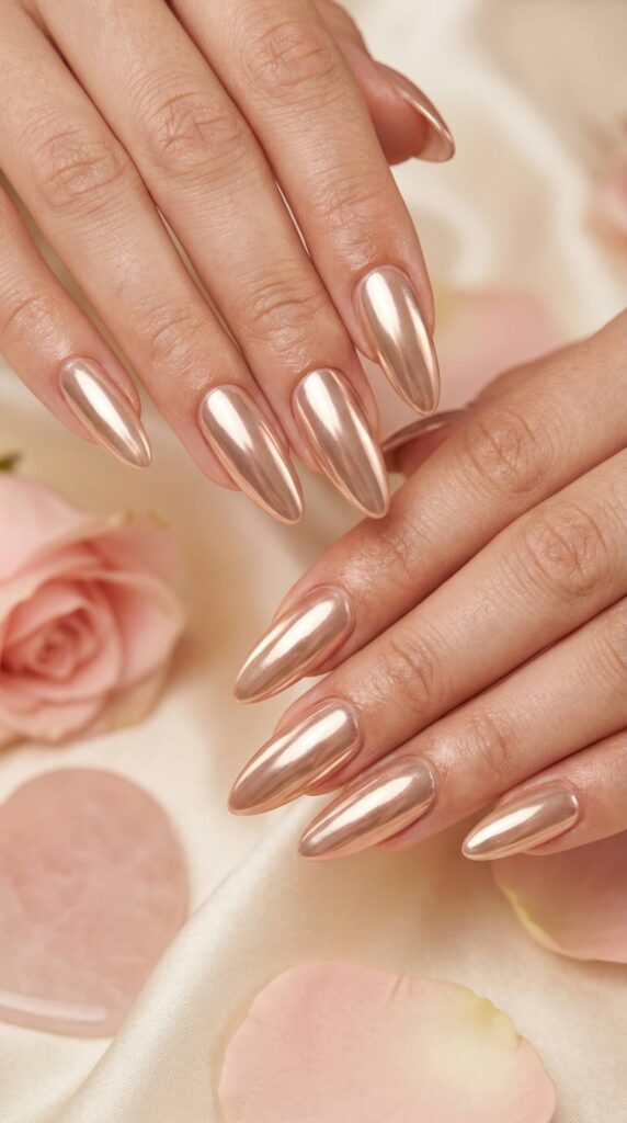 Champagne rose gold chrome mirror nails on long almond shape