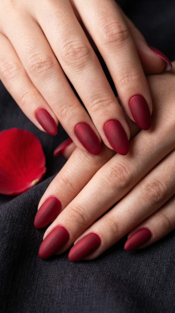 Luxurious matte deep red velvet finish nails on oval shape