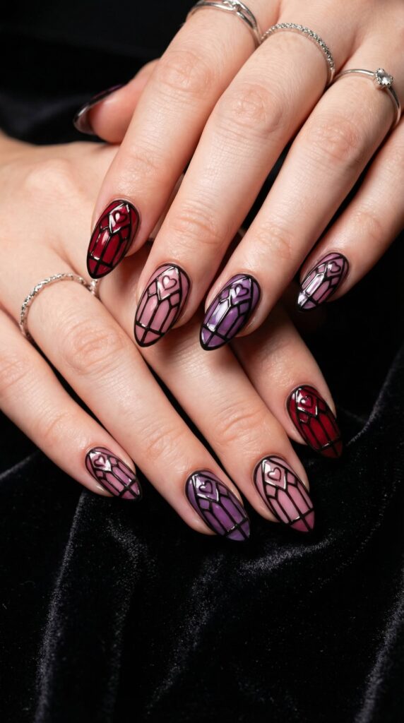 Stained glass heart nail art in red, pink and purple with black outlines