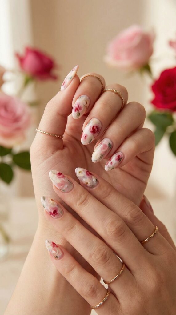 Impressionist rose floral nail art in soft pink and red watercolor style