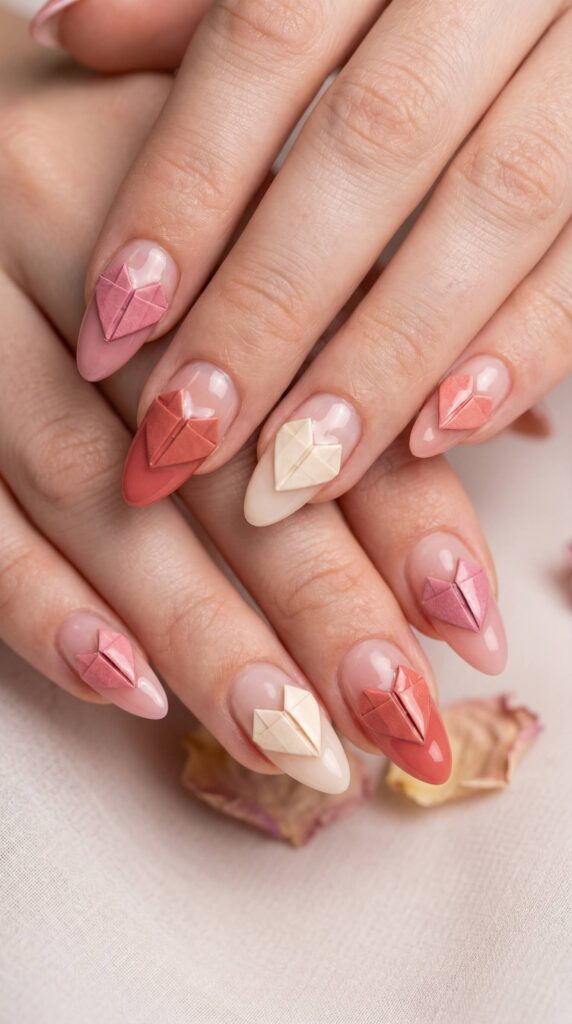 3D origami paper heart nail art in pink, coral and cream tones