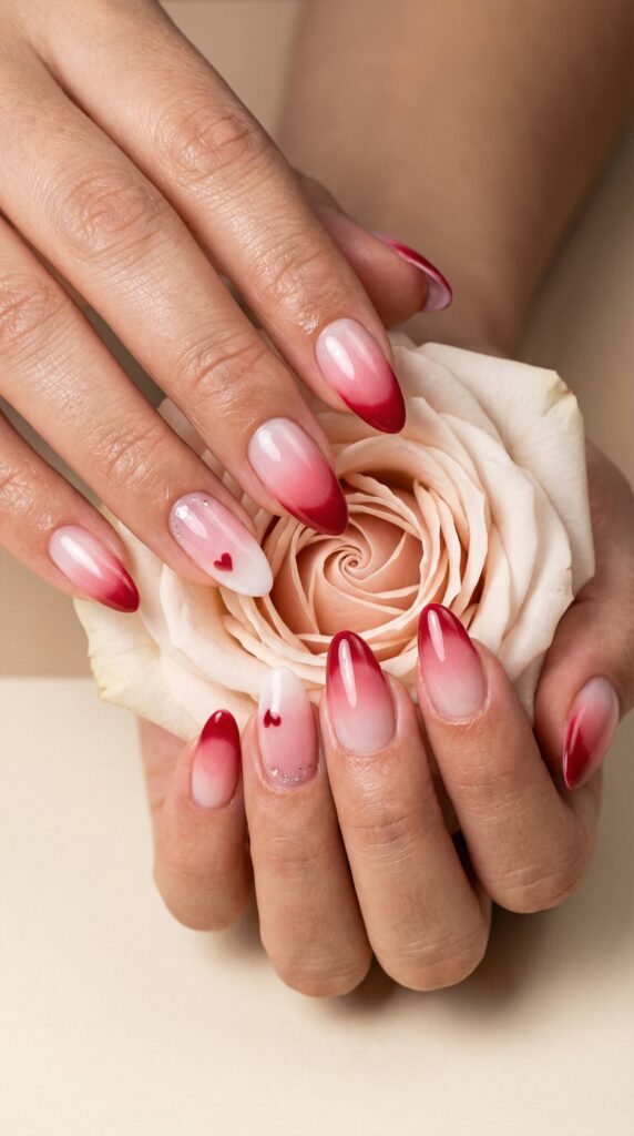 Red gradient French tip nails with heart accent on almond shape