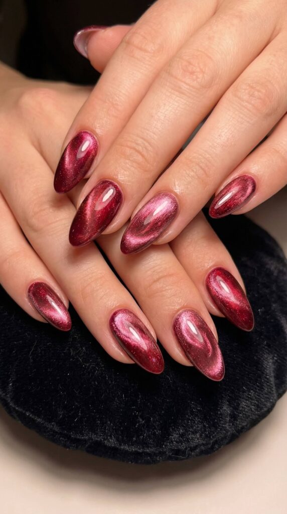Deep red magnetic cat eye nails with dimensional light effect