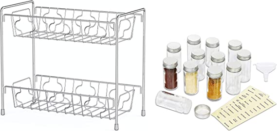 Simple Houseware 2-Tier Kitchen Counter Organizer Spice Rack + 12 Empty Spice Bottles