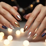 Elegant New Year’s Eve nails featuring gold glitter, silver chrome, navy blue accents, and crystal details with festive bokeh lights in the background