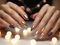 Elegant New Year’s Eve nails featuring gold glitter, silver chrome, navy blue accents, and crystal details with festive bokeh lights in the background