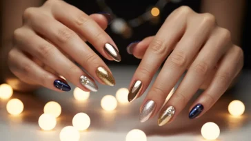 Elegant New Year’s Eve nails featuring gold glitter, silver chrome, navy blue accents, and crystal details with festive bokeh lights in the background