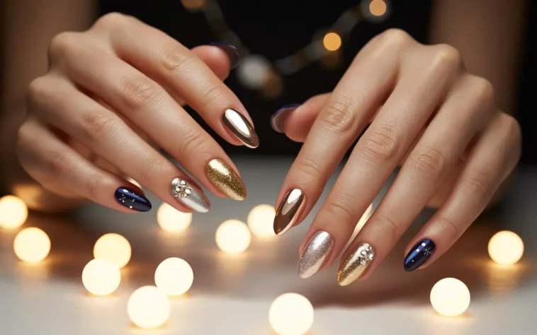 Elegant New Year’s Eve nails featuring gold glitter, silver chrome, navy blue accents, and crystal details with festive bokeh lights in the background
