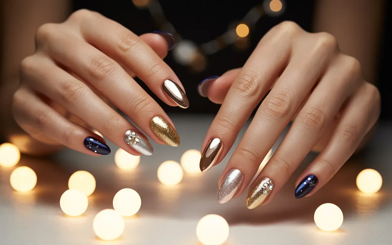 Elegant New Year’s Eve nails featuring gold glitter, silver chrome, navy blue accents, and crystal details with festive bokeh lights in the background