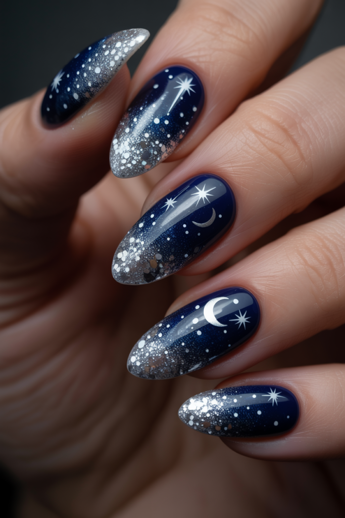 Starry night New Year’s Eve nails with navy blue base, silver stars, and moon details