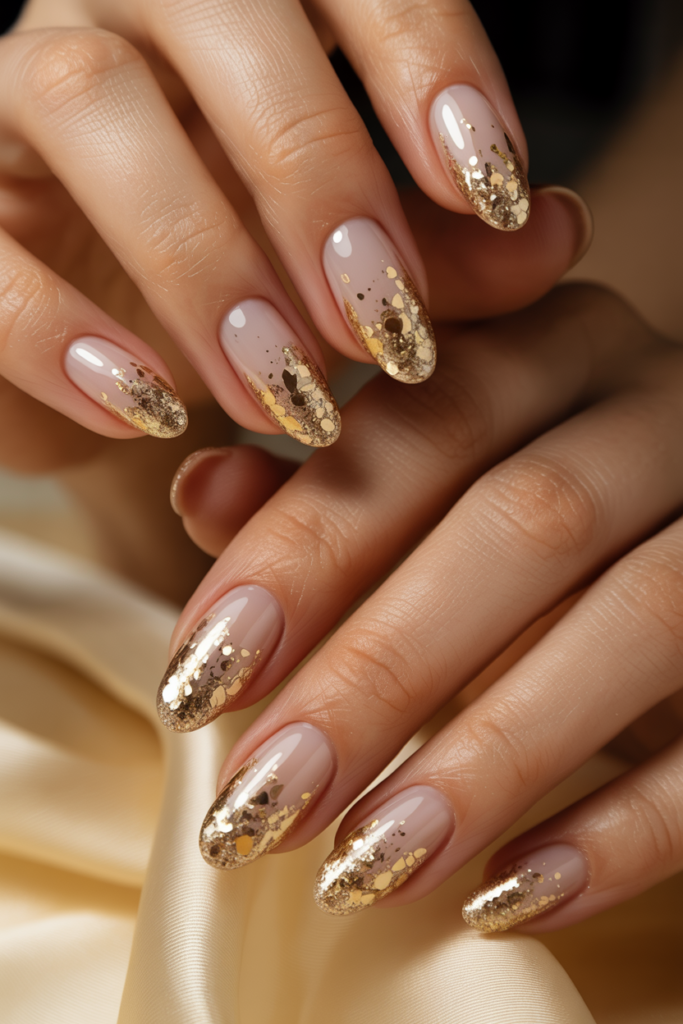 Gold glitter ombre New Year’s Eve nails fading over nude base for elegant celebration look