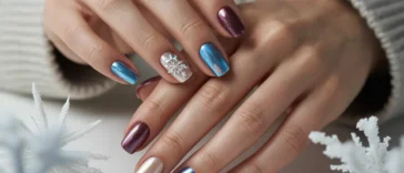 Hands showcasing winter sparkly nails with blue chrome, champagne shimmer, burgundy metallic polish, gold glitter accents, and snowflake nail art, elegant winter nail designs for 2026