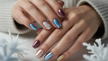 Hands showcasing winter sparkly nails with blue chrome, champagne shimmer, burgundy metallic polish, gold glitter accents, and snowflake nail art, elegant winter nail designs for 2026