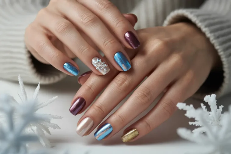 Hands showcasing winter sparkly nails with blue chrome, champagne shimmer, burgundy metallic polish, gold glitter accents, and snowflake nail art, elegant winter nail designs for 2026