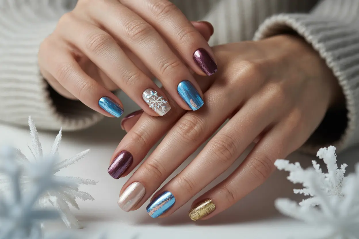 Hands showcasing winter sparkly nails with blue chrome, champagne shimmer, burgundy metallic polish, gold glitter accents, and snowflake nail art, elegant winter nail designs for 2026