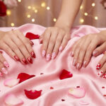 Valentine's nails 2026 featuring romantic pink hearts, red chrome, cherry blossoms, rose gold glitter, and classic heart designs on pink silk with rose petals