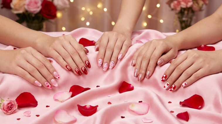 Valentine's nails 2026 featuring romantic pink hearts, red chrome, cherry blossoms, rose gold glitter, and classic heart designs on pink silk with rose petals